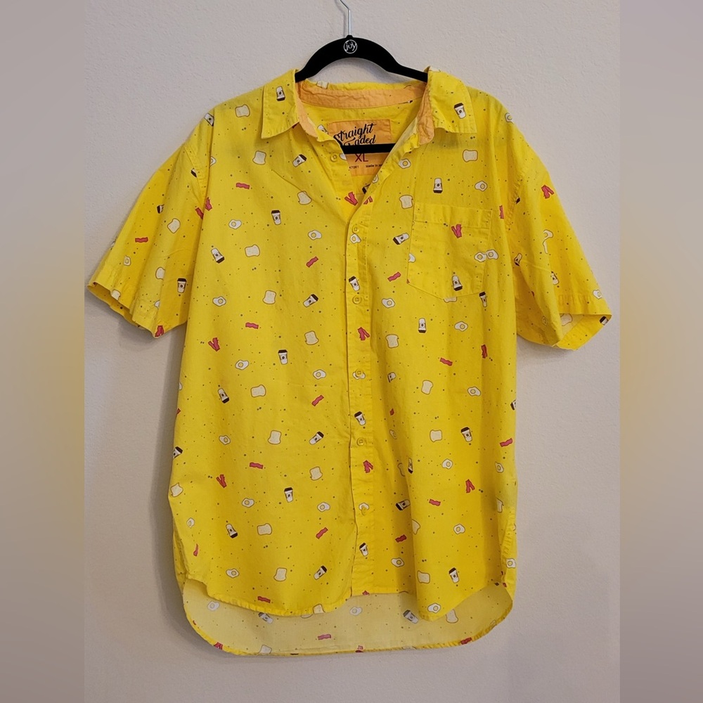 StraightFaded Short-Sleeved Shirt Yellow Breakfast Eggs Bacon Coffee Size XL